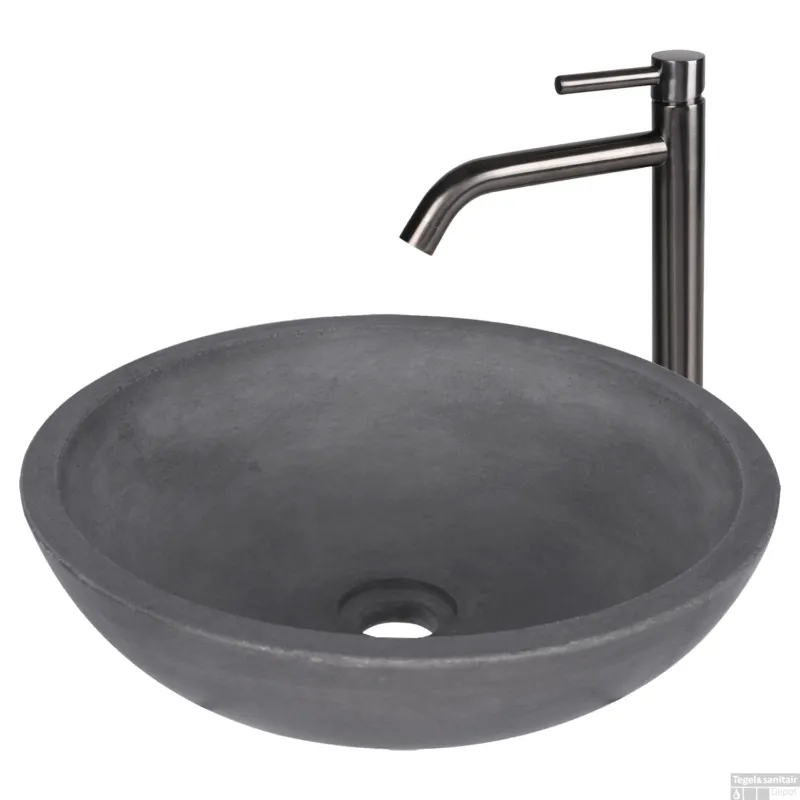 Rechtstreeks Van De Fabrikant Waskomset Differnz Ravano Beton 40x12 cm Antraciet met Hoge Wastafelkraan Gunmetal