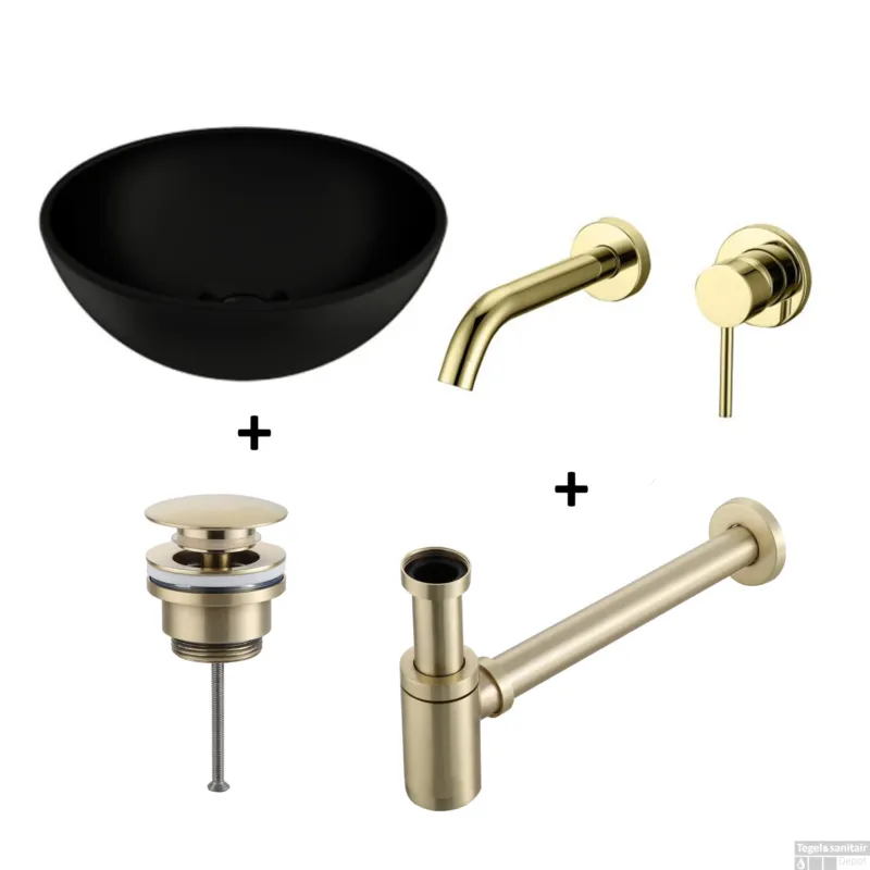 Gratis Retour Waskomset BWS Rond 26x12 cm Keramiek Mat Zwart / Goud (inclusief kraan, afvoer en sifon)