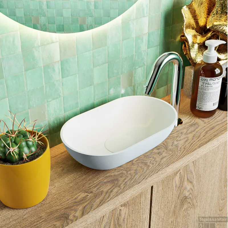 Snelle Levering MONDIAZ POOLE solid surface opzetkom kleur Clay Talc. Afmeting 30x18x8cm