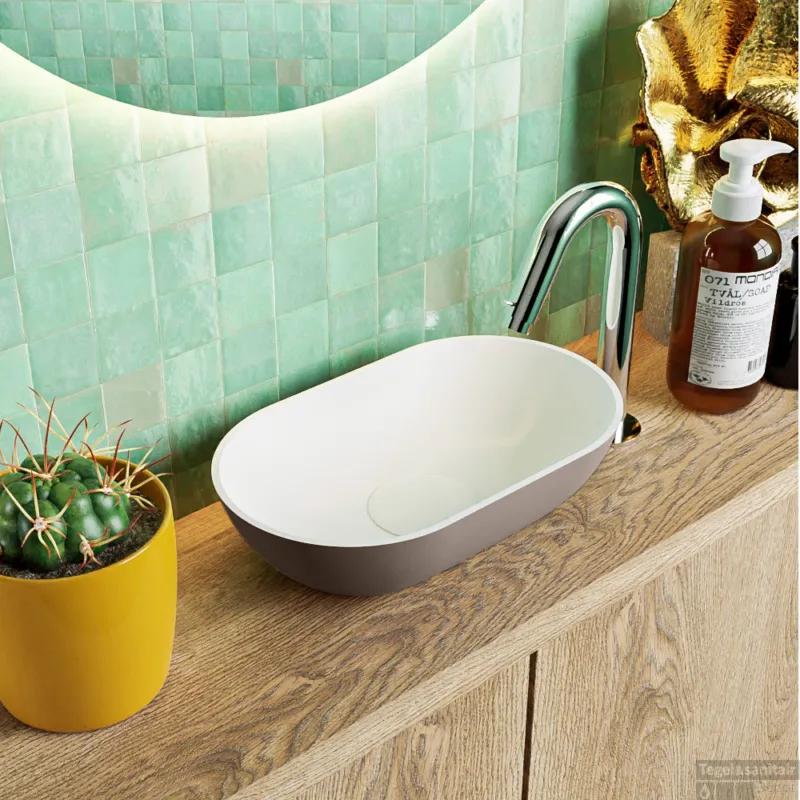 Hete Deal MONDIAZ POOLE solid surface opzetkom kleur Smoke Talc. Afmeting 30x18x8cm