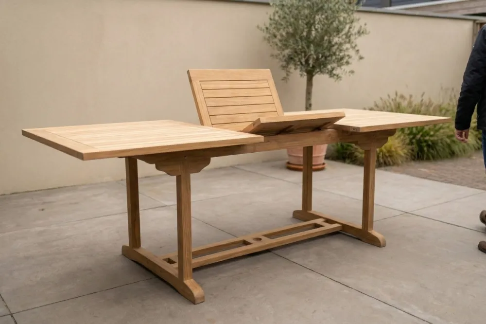 Uitschuifbare Tuintafel FSC® Teak 200–300 x 110 cm | XXL & Parasolgat Direct Verzonden