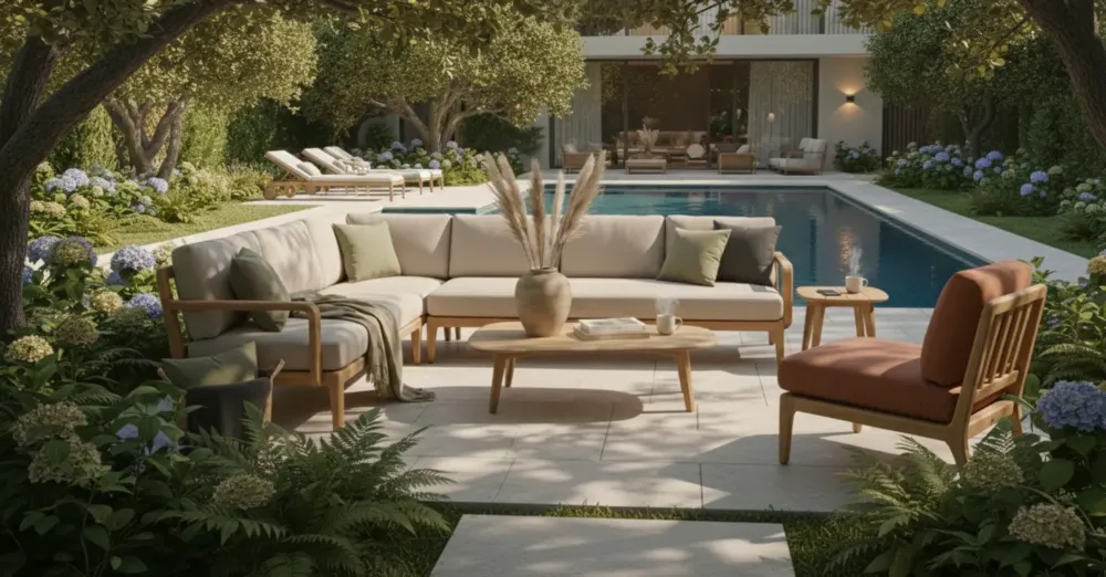 Express Levering Solace Premium Teak Loungeset – 5-delig – FSC® Gecertificeerd – Olefin All-Weather Kussens – Sand & Terracotta