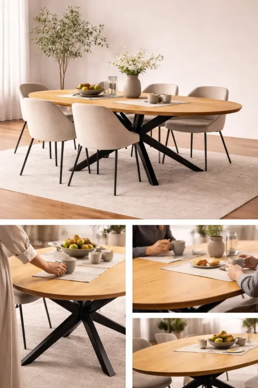 Gereduceerde Prijs Solid Harmony – Ovale Eiken Tafel met Verjongde Rand & Houten Spinpoot