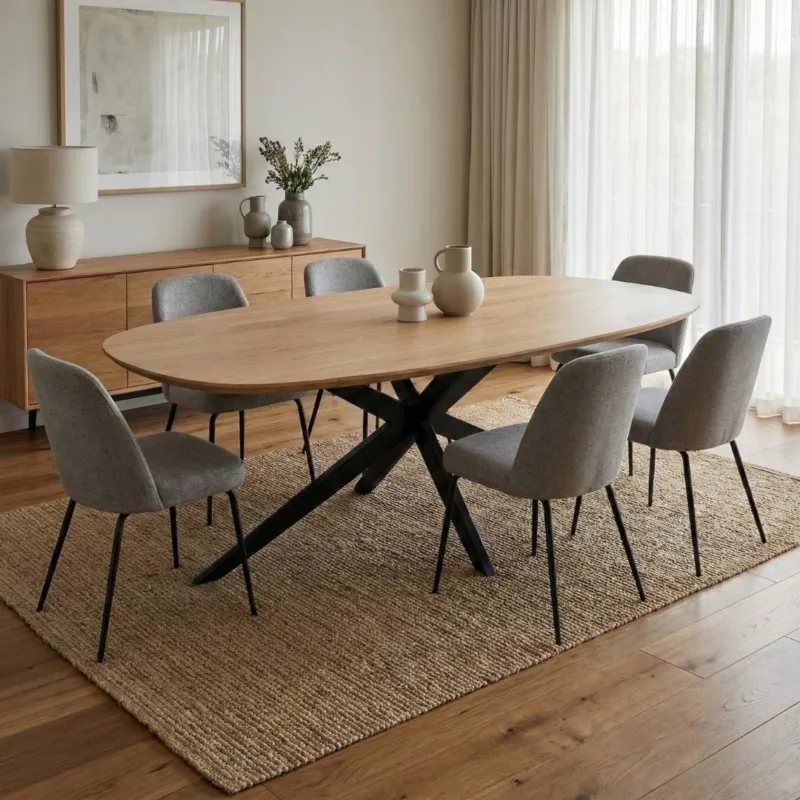 Eiken Eettafel Pebble – Organisch Massief Eiken met Zwarte Metalen Spinpoot (Taps Toelopend) Goedkoop