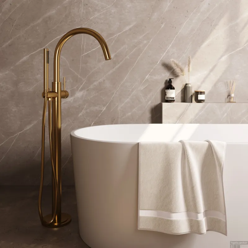 Brauer Stripe vrijstaande badmengkraan SET 01 met staaf handdouche en doucheslang goud geborsteld PVD Lage Prijs