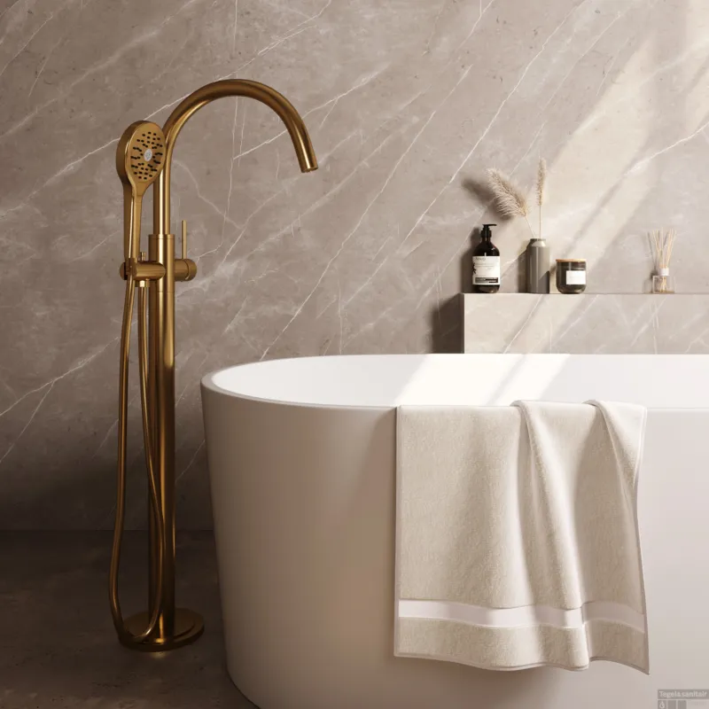 Dagaanbieding Brauer Stripe vrijstaande badmengkraan SET 02 met 3-standen handdouche en doucheslang goud geborsteld PVD