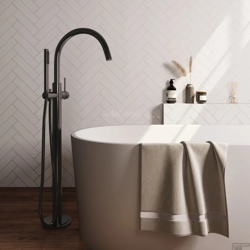 Brauer Stripe vrijstaande badmengkraan SET 01 met staaf handdouche en doucheslang gunmetal geborsteld PVD Korting