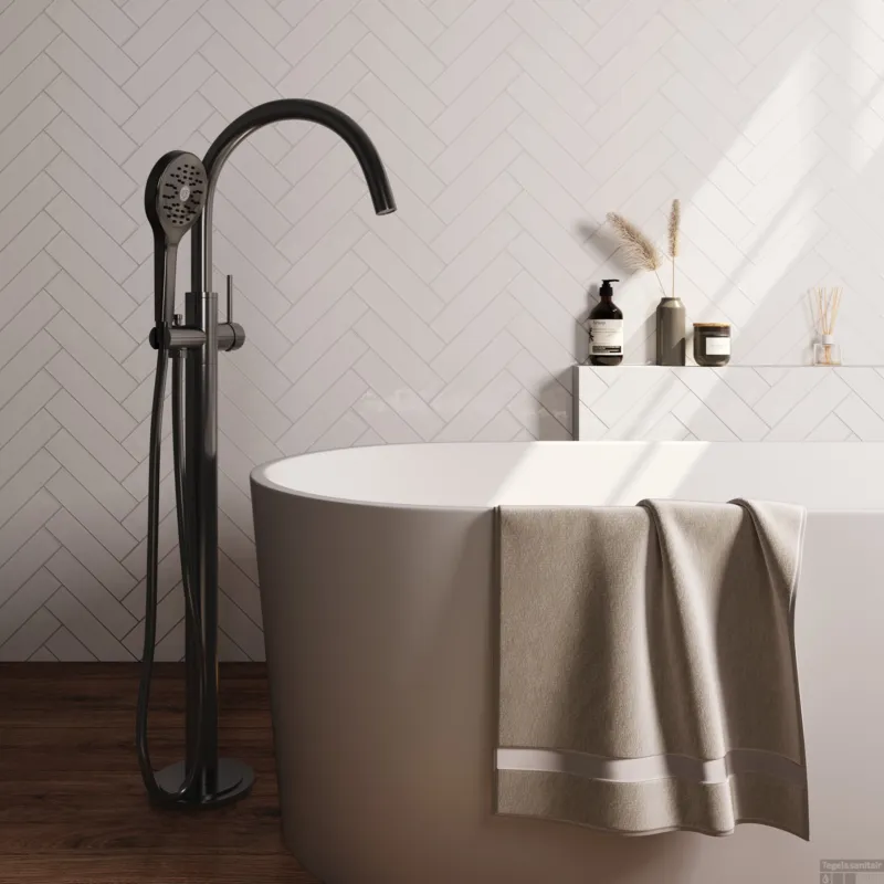 Brauer Stripe vrijstaande badmengkraan SET 02 met 3-standen handdouche en doucheslang gunmetal geborsteld PVD Beperkt Aanbod