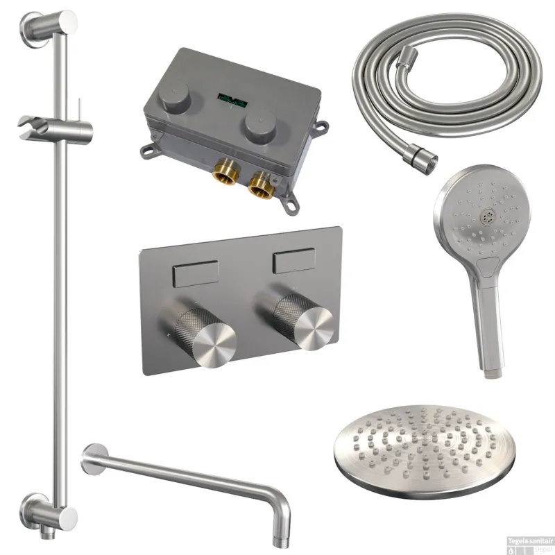 Gereduceerde Prijs Thermostatische Inbouw Regendouche Brauer Carving Edition Met Drukknoppen SET 69 Met 20 cm Douchekop En Gebogen Muurarm En Staaf 3-Standen Handdouche En Doucheslang En Geintergreerde Glijstang RVS Geborsteld