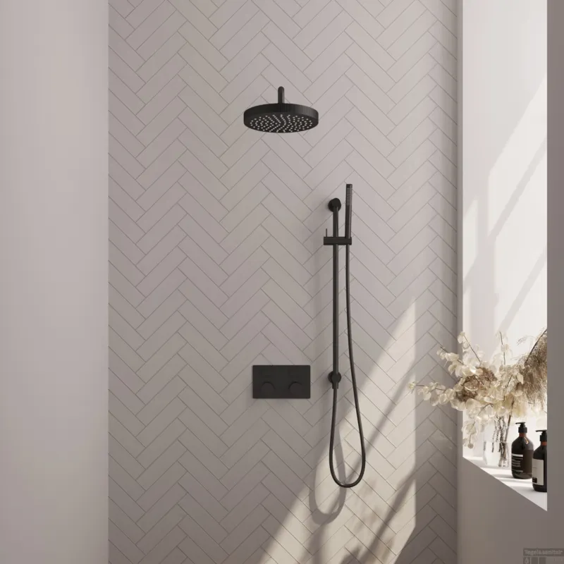 Hete Deal Brauer Stripe thermostatische inbouw regendouche met drukknoppen SET 32 met 25 cm douchekop en gebogen muurarm en staaf handdouche en doucheslang en geintegreerde glijstang mat zwart