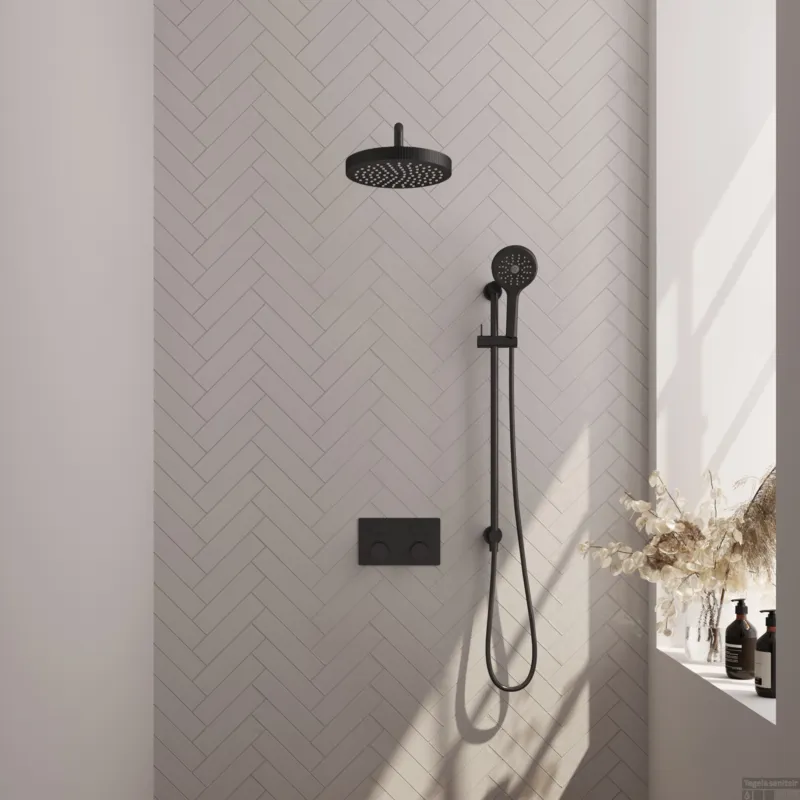 Brauer Stripe thermostatische inbouw regendouche met drukknoppen SET 35 met 25 cm douchekop en gebogen muurarm en 3-standen handdouche en doucheslang en geintegreerde glijstang mat zwart Aanbieding