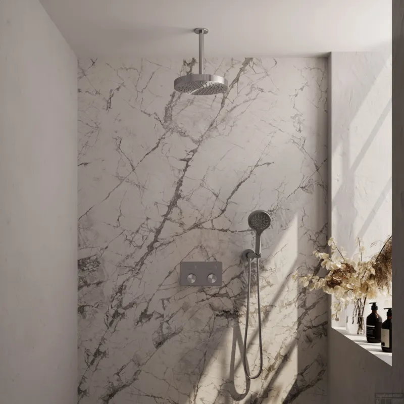 Brauer Stripe thermostatische inbouw regendouche met drukknoppen SET 30 met 25 cm douchekop en plafondarm en 3-standen handdouche en doucheslang en wandaansluitbocht RVS-kleurig geborsteld PVD Merkproduct