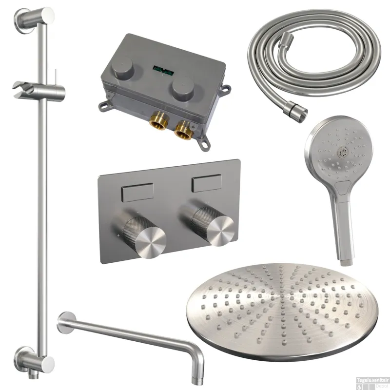 Koop Vandaag Thermostatische Inbouw Regendouche Brauer Carving Edition Met Drukknoppen SET 70 Met 30 cm Douchekop En Gebogen Muurarm En Staaf 3-Standen Handdouche En Doucheslang En Geintergreerde Glijstang RVS Geborsteld PVD