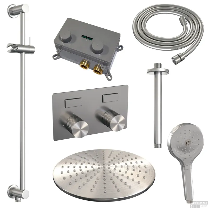 Lage Prijs Thermostatische Inbouw Regendouche Brauer Carving Edition Met Drukknoppen SET 72 Met 30 cm Douchekop En Plafondarm En Staaf 3-Standen Handdouche En Doucheslang En Geintergreerde Glijstang RVS Geborsteld PVD