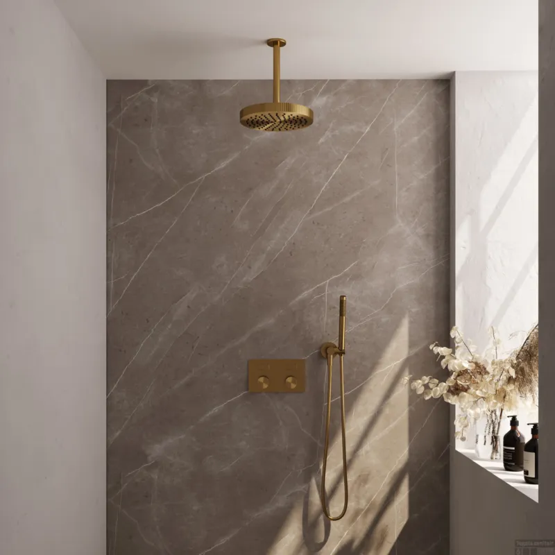 Brauer Stripe thermostatische inbouw regendouche met drukknoppen SET 27 met 25 cm douchekop en plafondarm en staaf handdouche en doucheslang en wandaansluitbocht goud geborsteld PVD Goedkoop