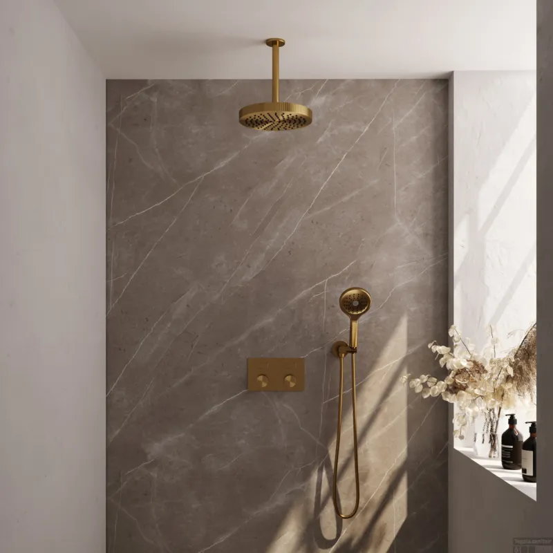 Exclusieve Aanbieding Brauer Stripe thermostatische inbouw regendouche met drukknoppen SET 30 met 25 cm douchekop en plafondarm en 3-standen handdouche en doucheslang en wandaansluitbocht goud geborsteld PVD