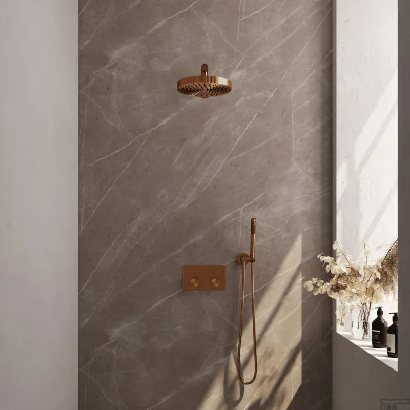 Brauer Stripe thermostatische inbouw regendouche met drukknoppen SET 25 met 25 cm douchekop en rechte muurarm en staaf handdouche en doucheslang en wandaansluitbocht koper geborsteld PVD Rechtstreeks Van De Fabrikant