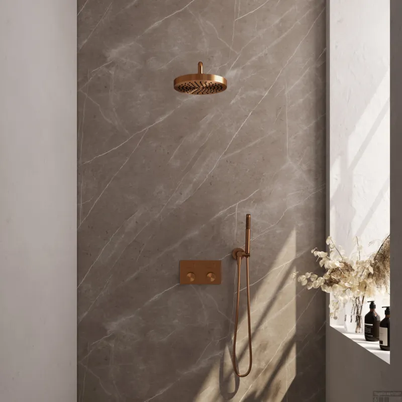 Brauer Stripe thermostatische inbouw regendouche met drukknoppen SET 26 met 25 cm douchekop en gebogen muurarm en staaf handdouche en doucheslang en wandaansluitbocht koper geborsteld PVD Laatste Kans