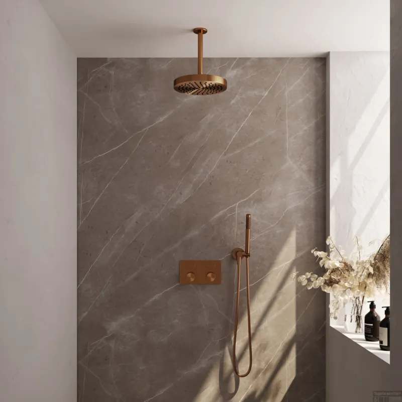 Meest Verkocht Brauer Stripe thermostatische inbouw regendouche met drukknoppen SET 27 met 25 cm douchekop en plafondarm en staaf handdouche en doucheslang en wandaansluitbocht koper geborsteld PVD