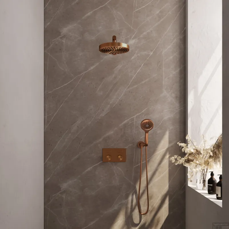 Brauer Stripe thermostatische inbouw regendouche met drukknoppen SET 28 met 25 cm douchekop en rechte muurarm en 3-standen handdouche en doucheslang en wandaansluitbocht koper geborsteld PVD Beperkte Voorraad
