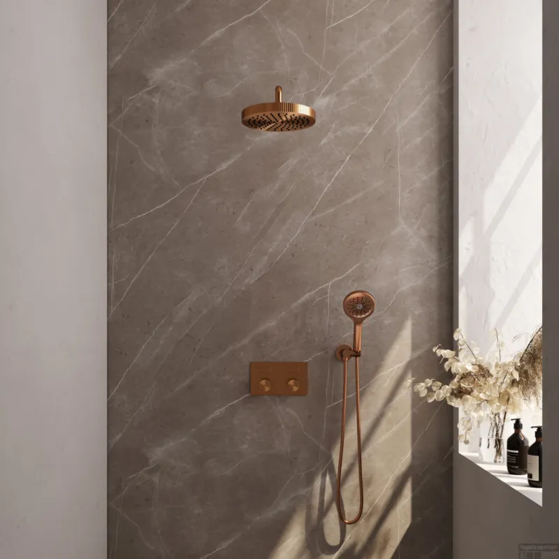 Brauer Stripe thermostatische inbouw regendouche met drukknoppen SET 29 met 25 cm douchekop en gebogen muurarm en 3-standen handdouche en doucheslang en wandaansluitbocht koper geborsteld PVD Veilige Betaling