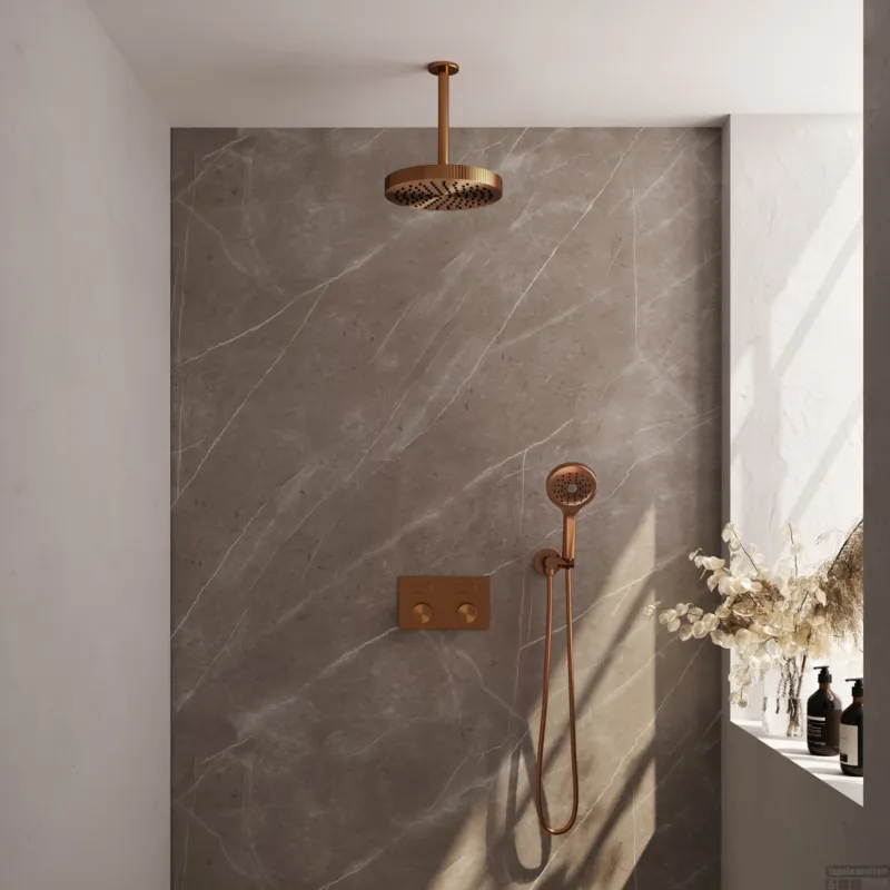 Brauer Stripe thermostatische inbouw regendouche met drukknoppen SET 30 met 25 cm douchekop en plafondarm en 3-standen handdouche en doucheslang en wandaansluitbocht koper geborsteld PVD Nu Kopen