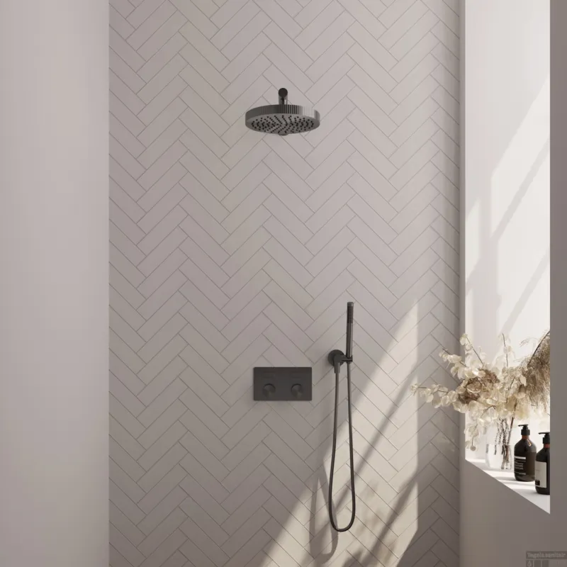 Brauer Stripe thermostatische inbouw regendouche met drukknoppen SET 25 met 25 cm douchekop en rechte muurarm en staaf handdouche en doucheslang en wandaansluitbocht gunmetal geborsteld PVD Rechtstreeks Van De Fabrikant