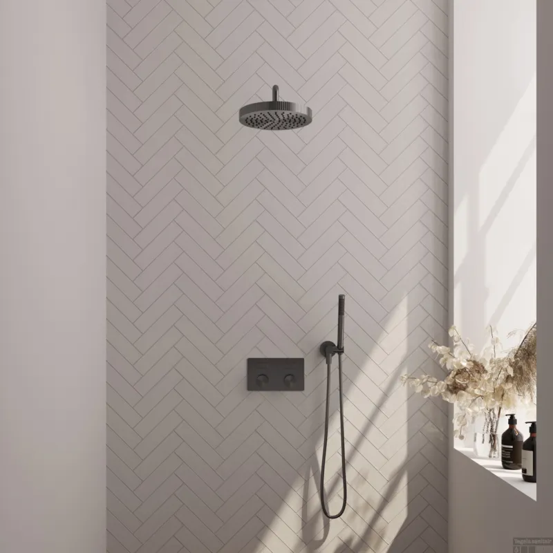 Brauer Stripe thermostatische inbouw regendouche met drukknoppen SET 26 met 25 cm douchekop en gebogen muurarm en staaf handdouche en doucheslang en wandaansluitbocht gunmetal geborsteld PVD Lage Prijs