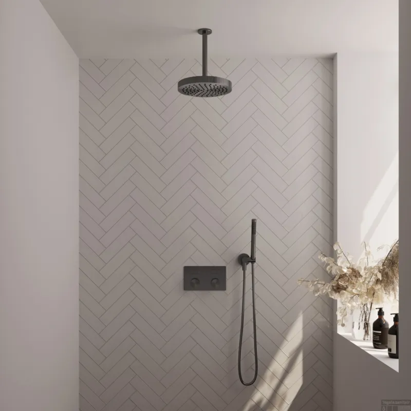 Brauer Stripe thermostatische inbouw regendouche met drukknoppen SET 27 met 25 cm douchekop en plafondarm en staaf handdouche en doucheslang en wandaansluitbocht gunmetal geborsteld PVD Uitverkoop