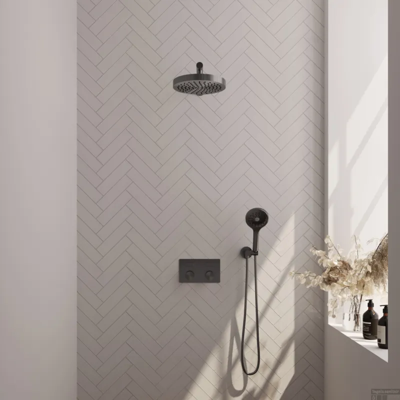 Brauer Stripe thermostatische inbouw regendouche met drukknoppen SET 28 met 25 cm douchekop en rechte muurarm en 3-standen handdouche en doucheslang en wandaansluitbocht gunmetal geborsteld PVD Beste Prijs