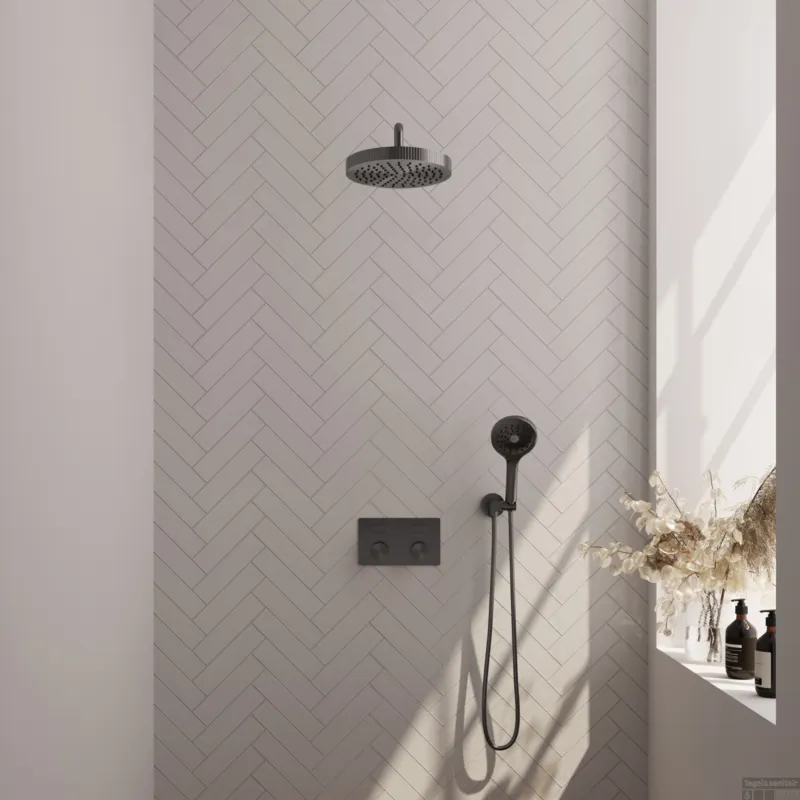 Rechtstreeks Van De Fabrikant Brauer Stripe thermostatische inbouw regendouche met drukknoppen SET 29 met 25 cm douchekop en gebogen muurarm en 3-standen handdouche en doucheslang en wandaansluitbocht gunmetal geborsteld PVD