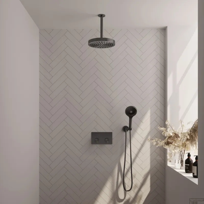 Dagaanbieding Brauer Stripe thermostatische inbouw regendouche met drukknoppen SET 30 met 25 cm douchekop en plafondarm en 3-standen handdouche en doucheslang en wandaansluitbocht gunmetal geborsteld PVD