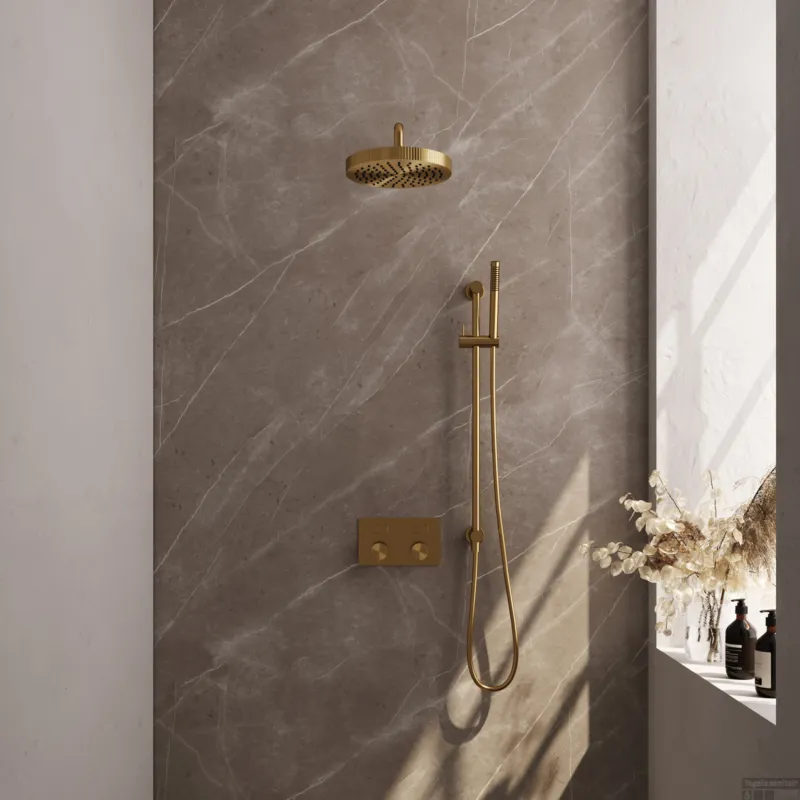 Uitverkoop Brauer Stripe thermostatische inbouw regendouche met drukknoppen SET 32 met 25 cm douchekop en gebogen muurarm en staaf handdouche en doucheslang en geintegreerde glijstang goud geborsteld PVD