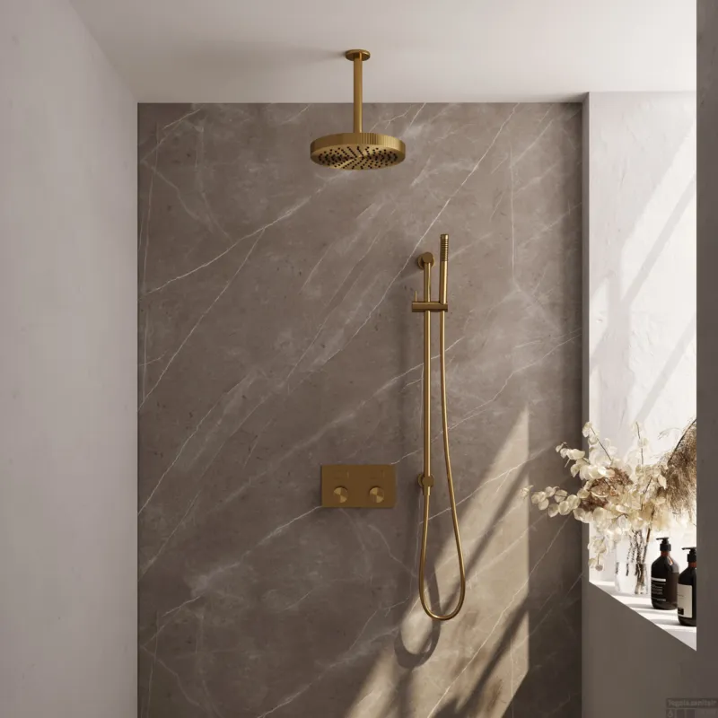 Brauer Stripe thermostatische inbouw regendouche met drukknoppen SET 33 met 25 cm douchekop en plafondarm en staaf handdouche en doucheslang en geintegreerde glijstang goud geborsteld PVD Meest Verkocht