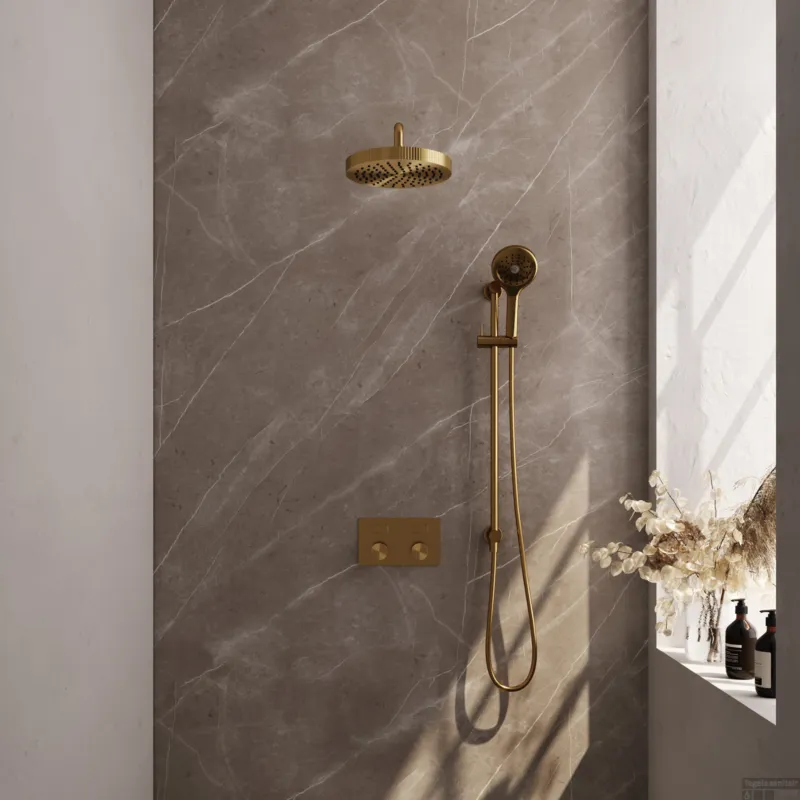 Brauer Stripe thermostatische inbouw regendouche met drukknoppen SET 35 met 25 cm douchekop en gebogen muurarm en 3-standen handdouche en doucheslang en geintegreerde glijstang goud geborsteld PVD Snelle Levering
