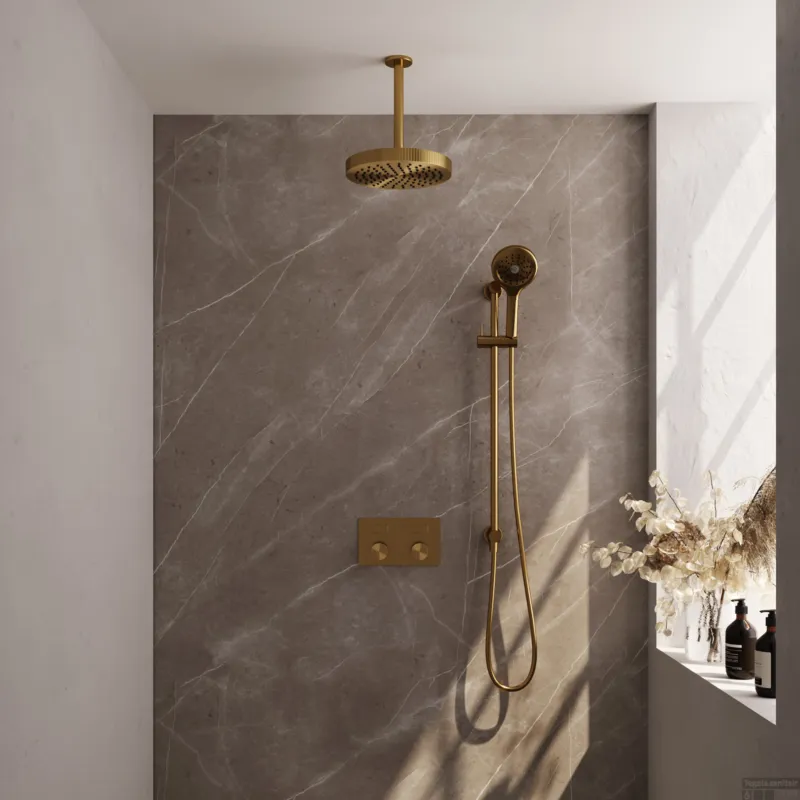 Op = Op Brauer Stripe thermostatische inbouw regendouche met drukknoppen SET 36 met 25 cm douchekop en plafondarm en 3-standen handdouche en doucheslang en geintegreerde glijstang goud geborsteld PVD