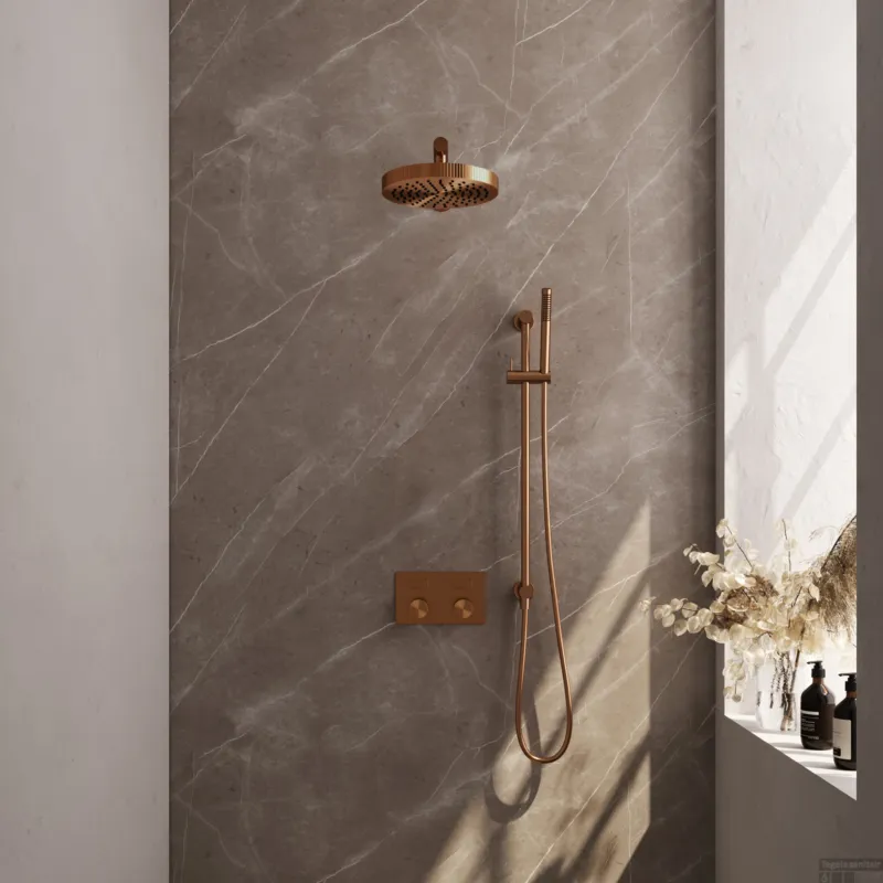 Express Levering Brauer Stripe thermostatische inbouw regendouche met drukknoppen SET 31 met 25 cm douchekop en rechte muurarm en staaf handdouche en doucheslang en geintegreerde glijstang koper geborsteld PVD