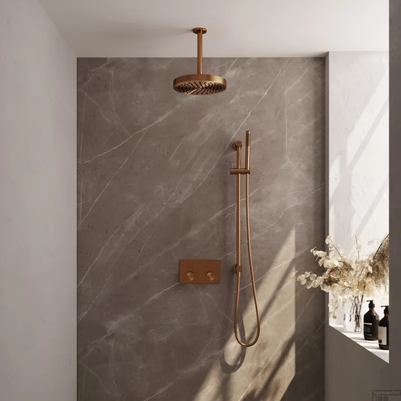 Dagaanbieding Brauer Stripe thermostatische inbouw regendouche met drukknoppen SET 33 met 25 cm douchekop en plafondarm en staaf handdouche en doucheslang en geintegreerde glijstang koper geborsteld PVD