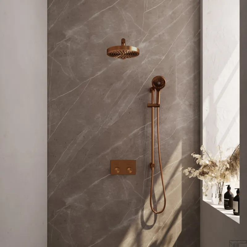 Brauer Stripe thermostatische inbouw regendouche met drukknoppen SET 34 met 25 cm douchekop en rechte muurarm en 3-standen handdouche en doucheslang en geintegreerde glijstang koper geborsteld PVD Meest Verkocht