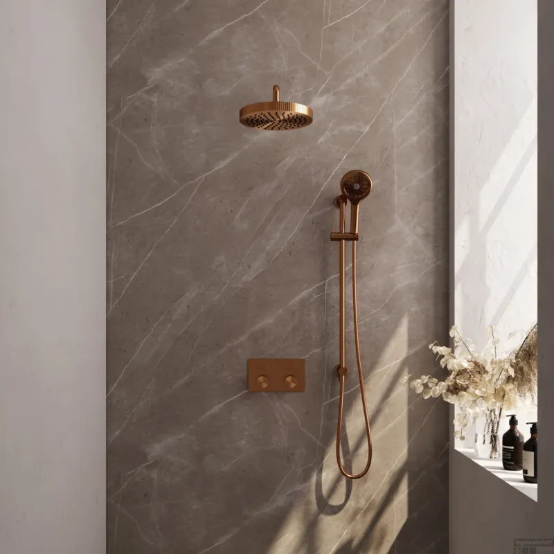 Brauer Stripe thermostatische inbouw regendouche met drukknoppen SET 35 met 25 cm douchekop en gebogen muurarm en 3-standen handdouche en doucheslang en geintegreerde glijstang koper geborsteld PVD Bestel Nu