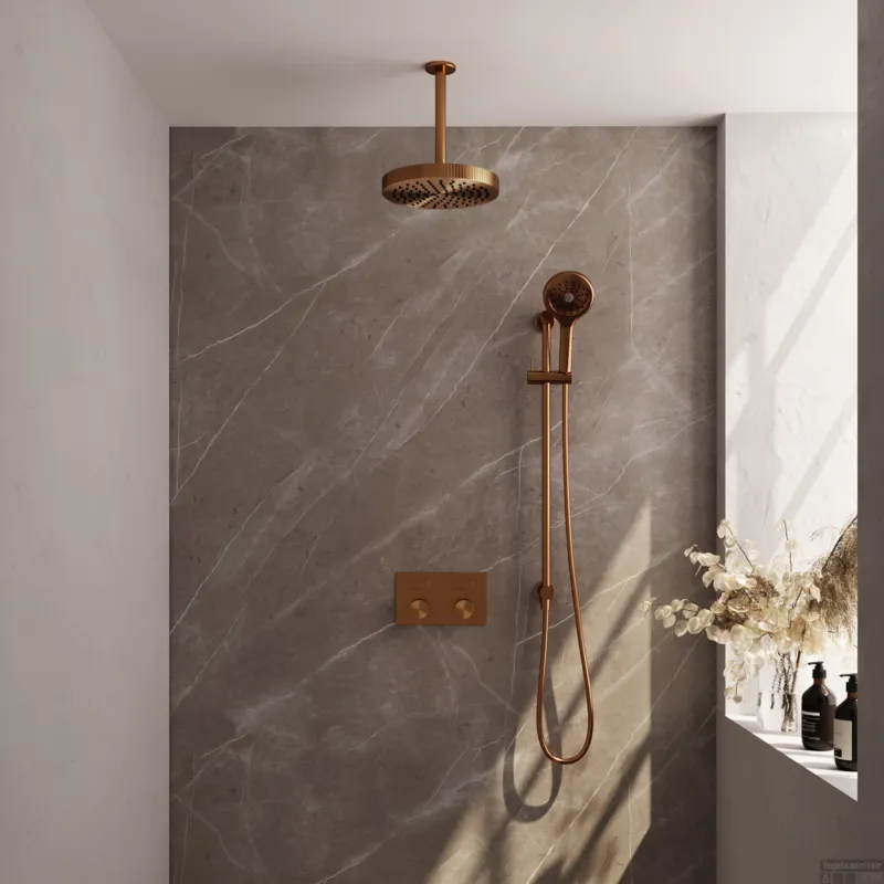 Actieprijs Brauer Stripe thermostatische inbouw regendouche met drukknoppen SET 36 met 25 cm douchekop en plafondarm en 3-standen handdouche en doucheslang en geintegreerde glijstang koper geborsteld PVD
