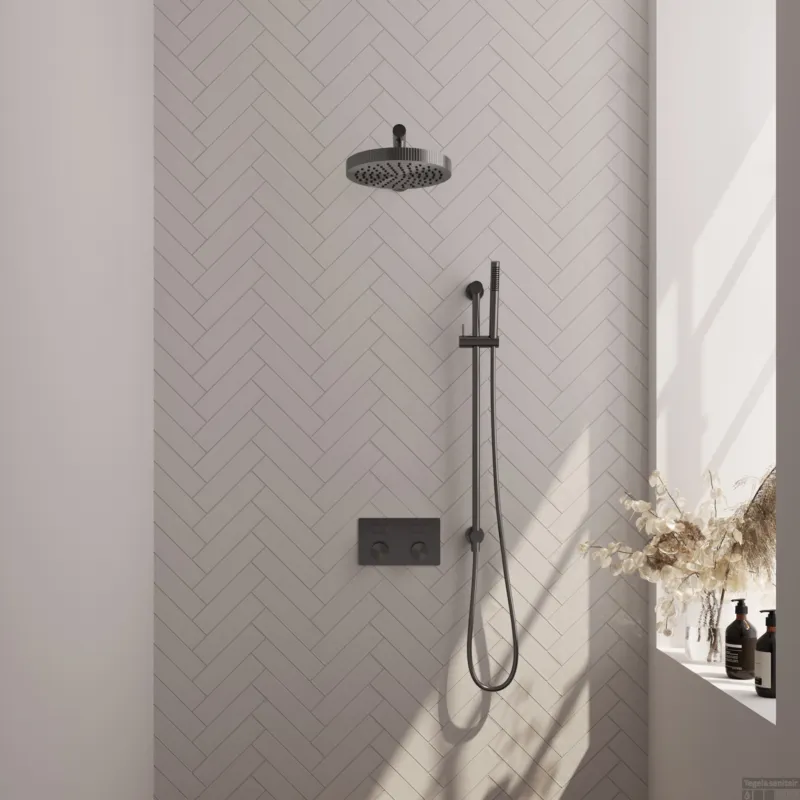 Brauer Stripe thermostatische inbouw regendouche met drukknoppen SET 31 met 25 cm douchekop en rechte muurarm en staaf handdouche en doucheslang en geintegreerde glijstang gunmetal geborsteld PVD Veilige Betaling