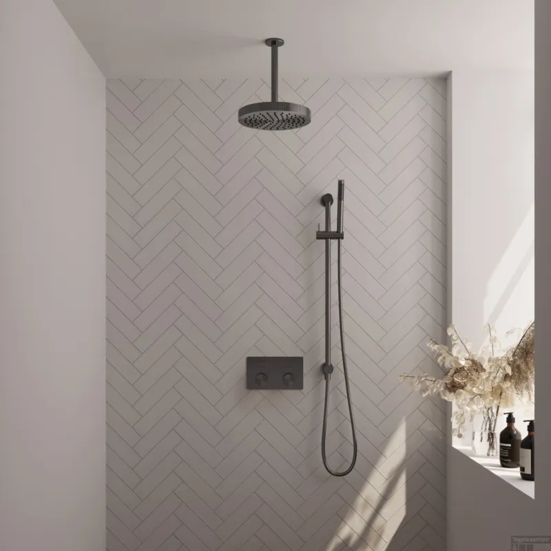 Brauer Stripe thermostatische inbouw regendouche met drukknoppen SET 33 met 25 cm douchekop en plafondarm en staaf handdouche en doucheslang en geintegreerde glijstang gunmetal geborsteld PVD Uitverkoop