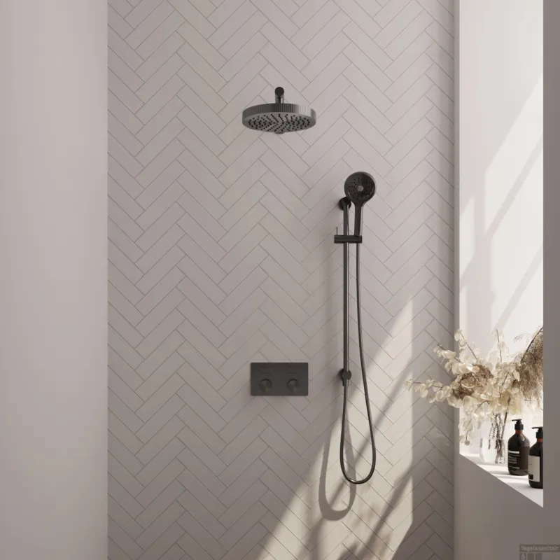 Brauer Stripe thermostatische inbouw regendouche met drukknoppen SET 34 met 25 cm douchekop en rechte muurarm en 3-standen handdouche en doucheslang en geintegreerde glijstang gunmetal geborsteld PVD Merkproduct
