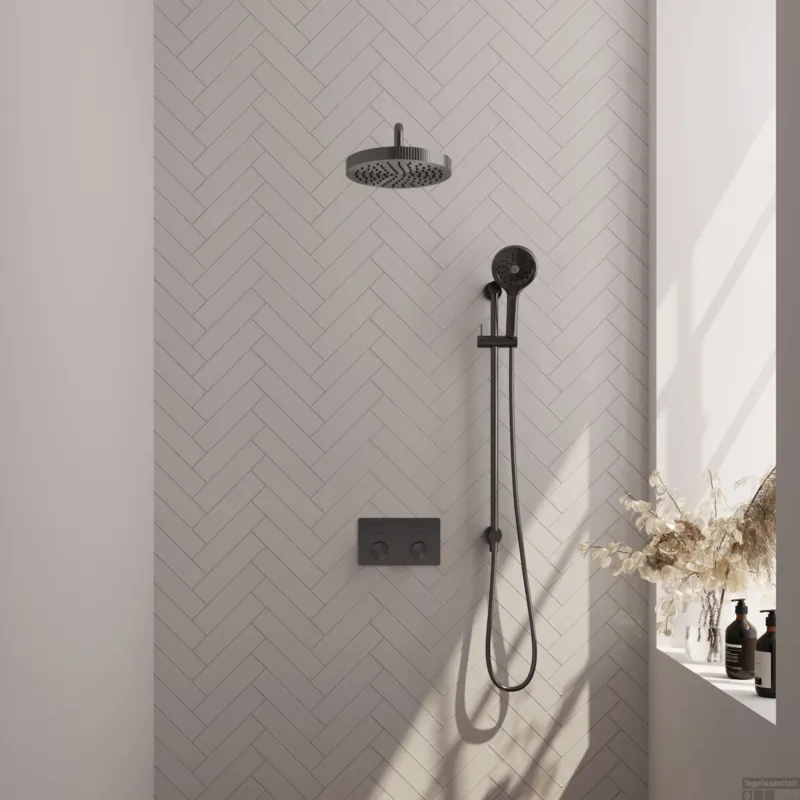 Lage Kosten Brauer Stripe thermostatische inbouw regendouche met drukknoppen SET 35 met 25 cm douchekop en gebogen muurarm en 3-standen handdouche en doucheslang en geintegreerde glijstang gunmetal geborsteld PVD
