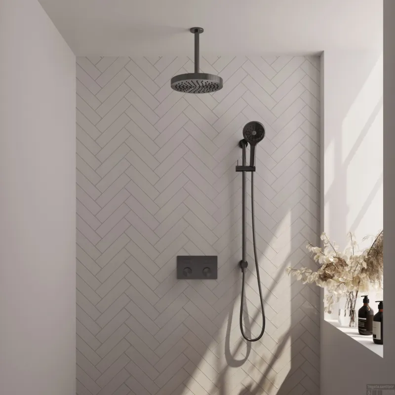 Brauer Stripe thermostatische inbouw regendouche met drukknoppen SET 36 met 25 cm douchekop en plafondarm en 3-standen handdouche en doucheslang en geintegreerde glijstang gunmetal geborsteld PVD Korting