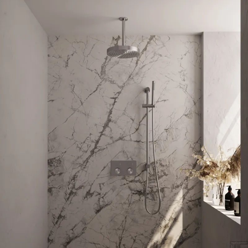 Brauer Stripe thermostatische inbouw regendouche met drukknoppen SET 33 met 25 cm douchekop en plafondarm en staaf handdouche en doucheslang en geintegreerde glijstang RVS-kleurig geborsteld PVD Hoge Kwaliteit