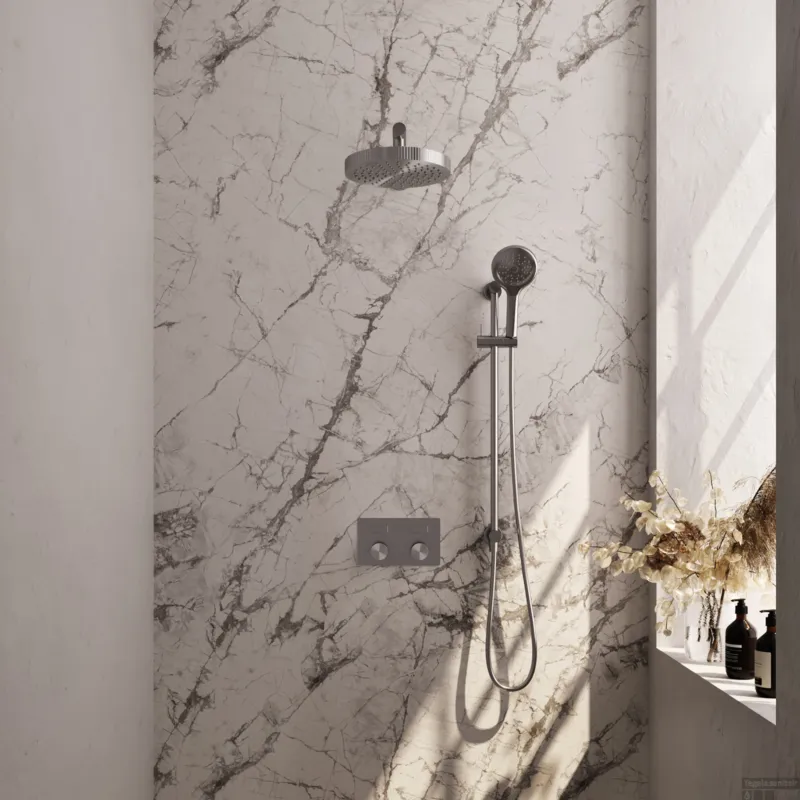 Aanbieding Brauer Stripe thermostatische inbouw regendouche met drukknoppen SET 34 met 25 cm douchekop en rechte muurarm en 3-standen handdouche en doucheslang en geintegreerde glijstang RVS-kleurig geborsteld PVD