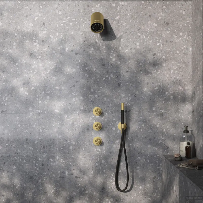 Complete Thermostatische Douche InBouwSet Hotbath Archie Met 2 stopkranen En Beam Geborsteld Messing PVD Hoge Kwaliteit