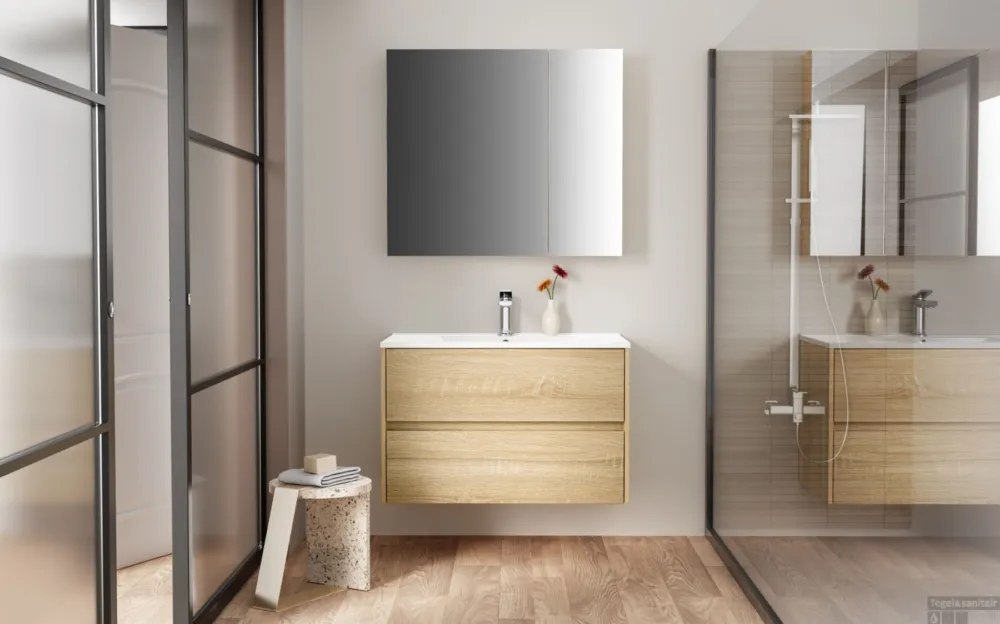 Premium Spiegelkast BWS Hayat 2 Assymetrische Deuren 80x70x15cm Eik